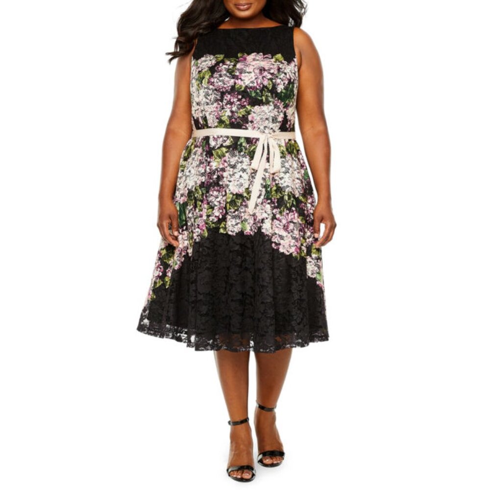 NWT Danny & Nicole Sleeveless Floral Fit & Flare Lace Midi Dress Black Mauve 24W